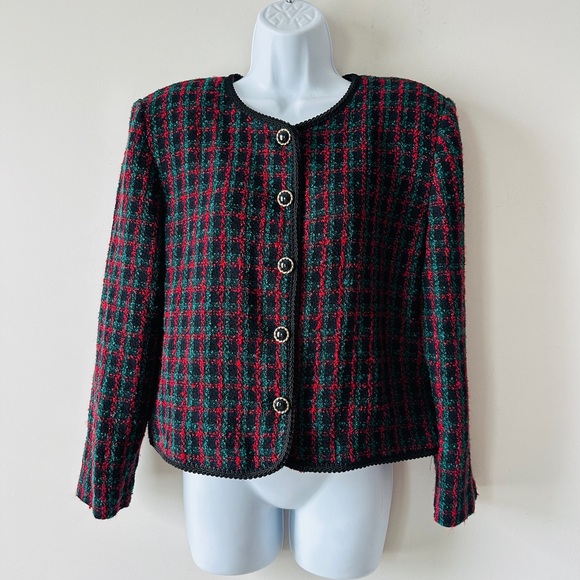Vintage Red, Black & Green Plaid Boucle Tweed 2 Pc Skirt Suit Sz12 By: Panthers - Picture 3 of 14